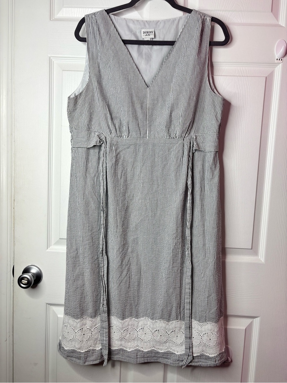 Vintage Dorby Dress Size 16 Black White Striped Seersucker Empire Waist Retro